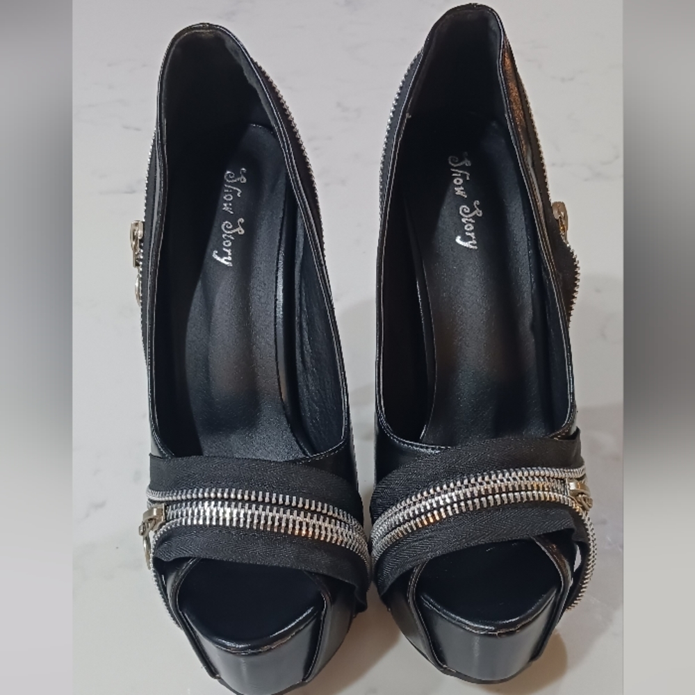 Black Zipper Platform Peeptoe Stilettos [sz 8.5]
